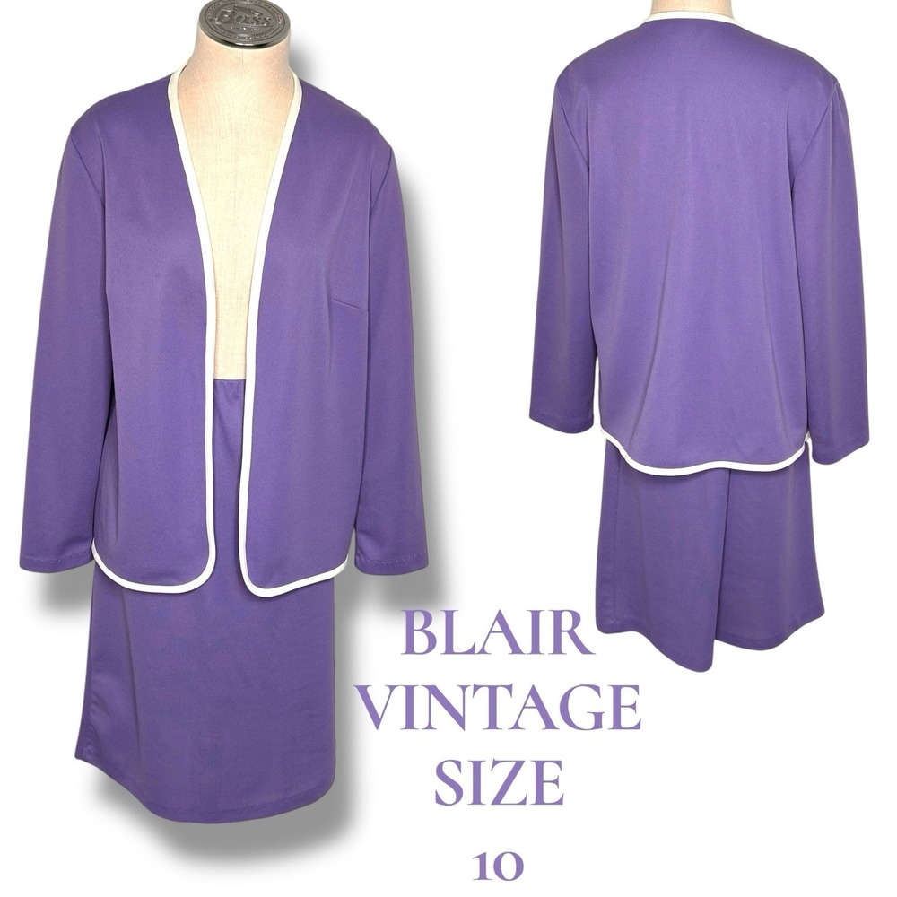 Y2K Blair Vintage Skirt Suit 10 Purple White Trim Open Front Jacket Knee Skirt‎